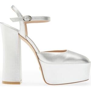 STUART WEITZMAN Skyhigh Metallic Ankle-strap Platform Pumps In Silver size 8.5